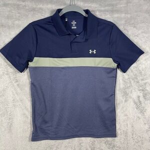 Under Armour Polo Shirt Boys Youth Large Navy Blue Colorblock Loose Fit UPF 50
